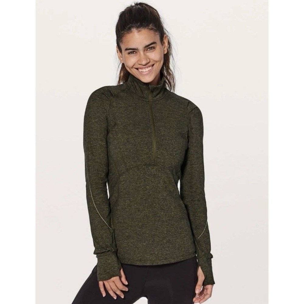 Lululemon Extra Mile 1/2 Zip Heathered Utilitarian Green Black Pullover Size 12